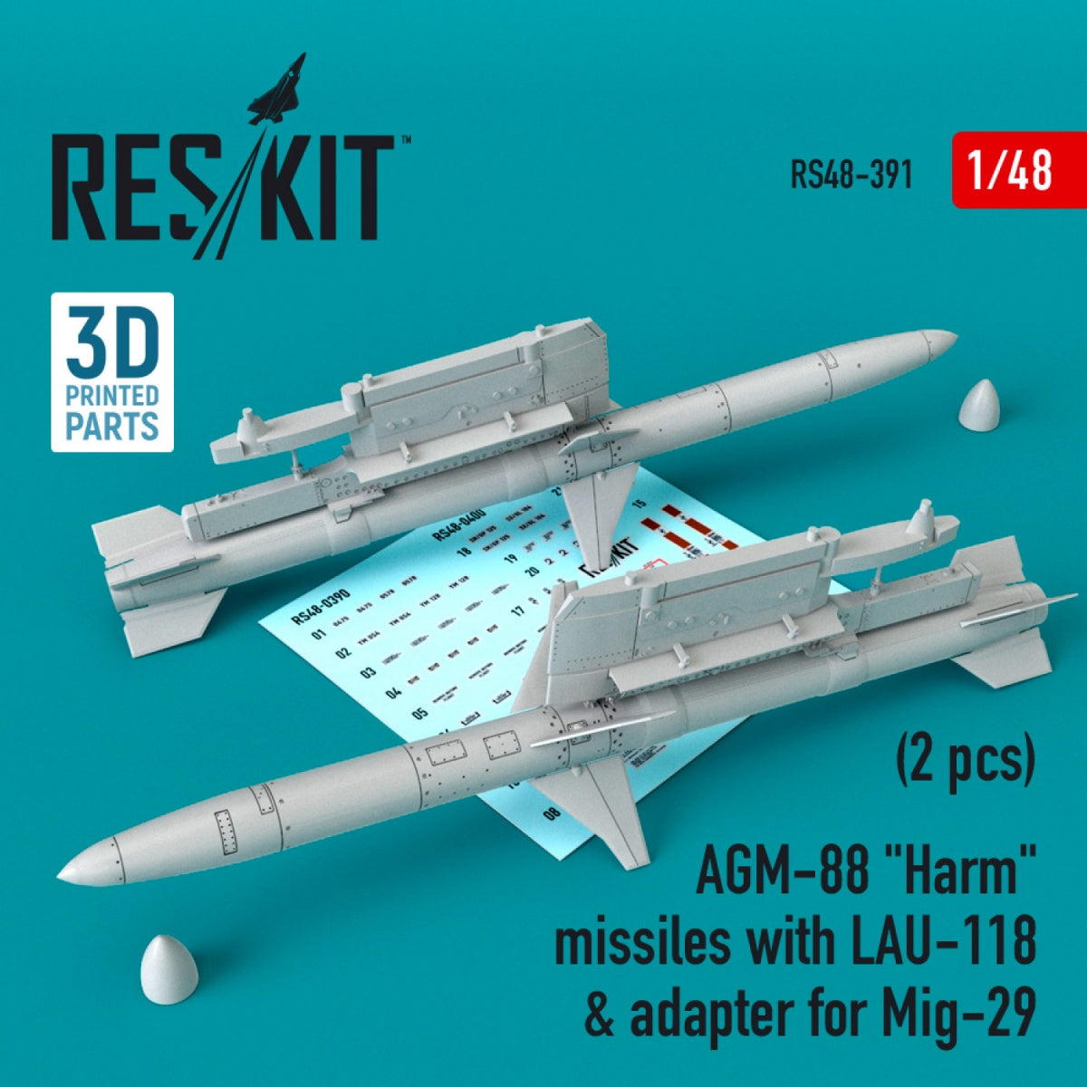 RESKIT RS48-0391 AGM-88 "HARM" MISSILES WITH LAU-118 & ADAPTER FOR MIG-29 (2 PCS) 1/48