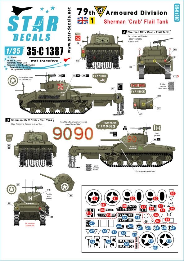 Star Decals 35-C1387 Char Sherman « Crab » à fléaux. 79e division blindée britannique. Basé sur le Sherman Mk V. Échelle 1/35