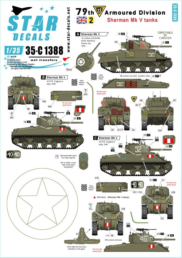 Star Decals 35-C1388 Chars Sherman Mk V. 79e division blindée britannique. Échelle 1/35