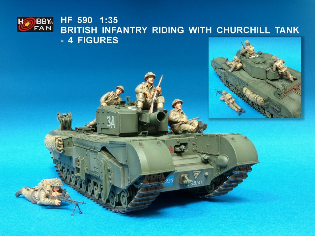 Figurine Hobby Fan HF590 : Infanterie britannique chevauchant un char Churchill - 4 figurines