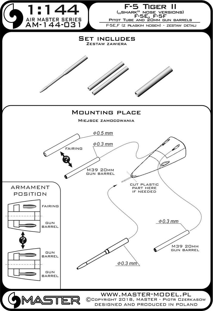 Master AM-144-031 F-5 Tiger II « Freedom Fighter » (version nez plat) - F-5A, E, F - kit de détails - Tube Pitot et canons de 20 mm 1/144 – image 3