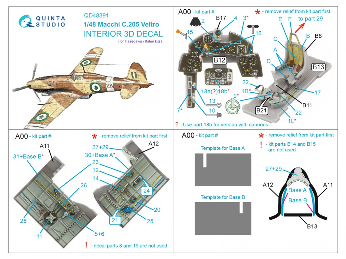 Quinta Studio QD48391 Macchi C.205 Veltro Intérieur imprimé et coloré en 3D sur papier décalque (Hasegawa/Italeri) 1/48 – image 2