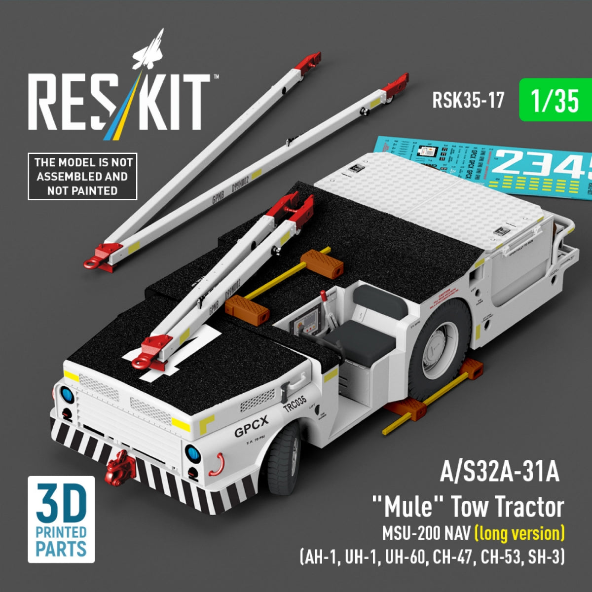 RESKIT RSK35-0017 A/S32A-31A "Mule" Tow Tractor MSU-200 NAV (long version) (AH-1, UH-1, UH-60, CH-47, CH-53, SH-3) (3D Printed model kit) 1/35