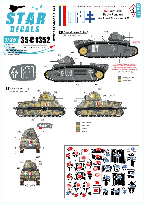 Star Decals 35-C1352 FFI 2. Beute-Panzers repris. Résistance française - Forces Françaises de l'Intérieur 1/35