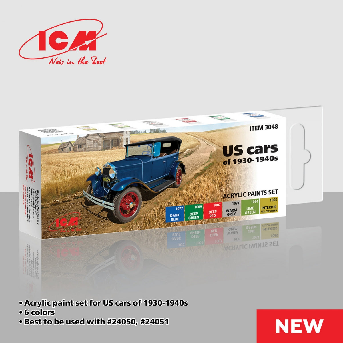 Coffret de 6 peintures acryliques ICM 3048 pour voitures américaines des années 1930-1940 (12 ml).