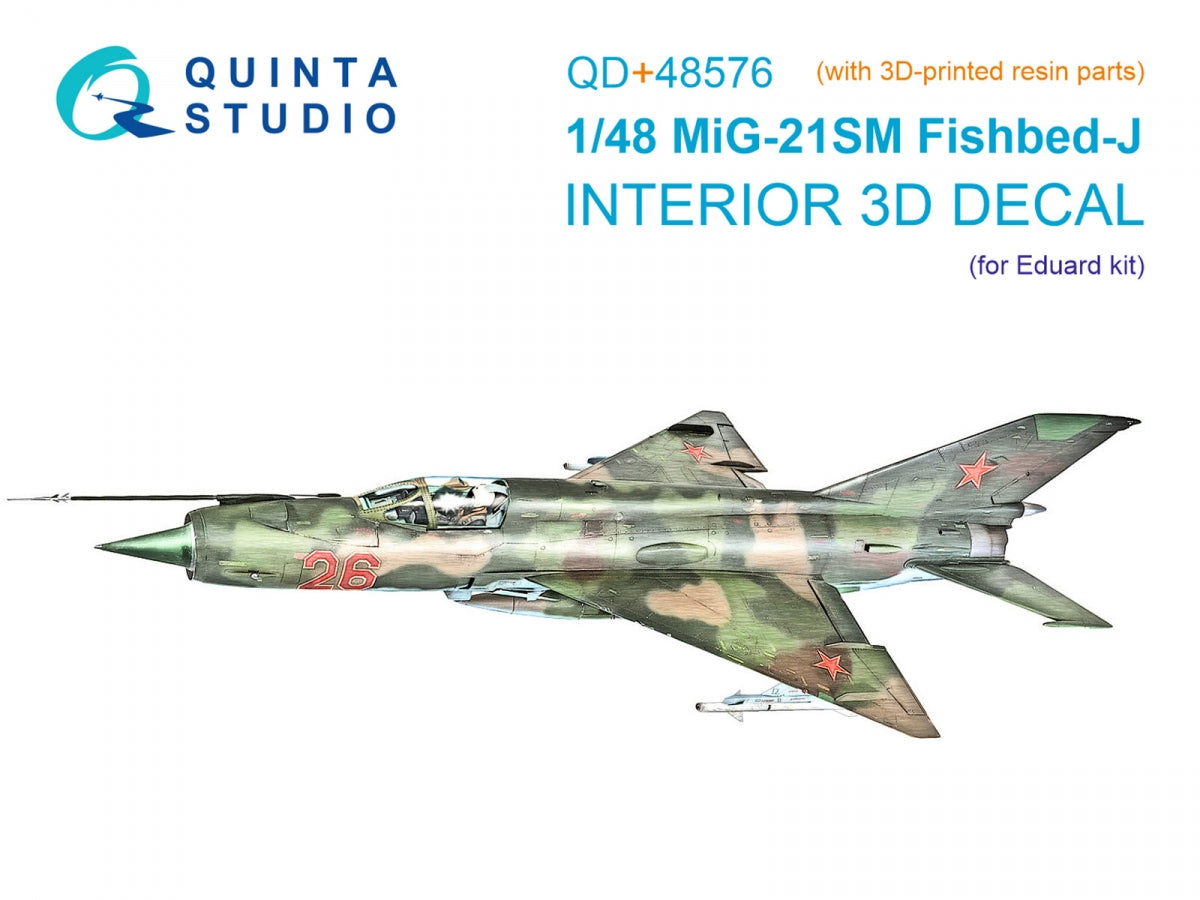 Intérieur imprimé en 3D et coloré sur papier décalcomanie (Eduard) pour MiG-21SM Fishbed-J (Quinta Studio QD+48576) (avec pièces en résine imprimées en 3D) 1/48