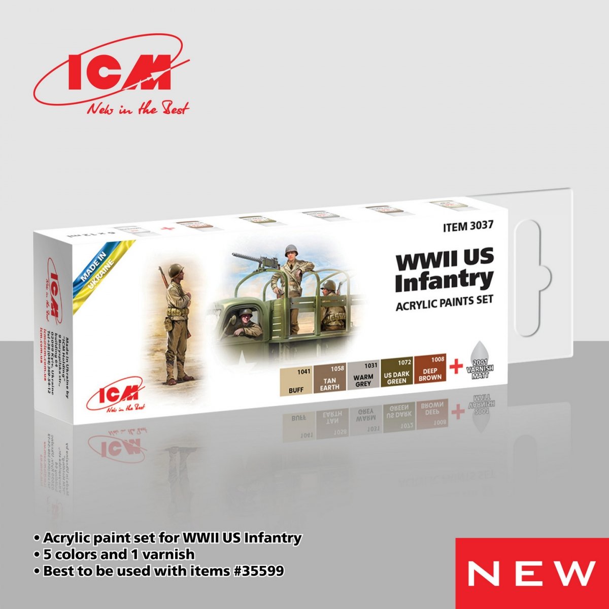 ICM 3037 Coffret de peinture acrylique pour infanterie américaine de la Seconde Guerre mondiale (5 x 12 ml) + vernis mat