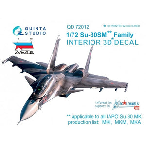 Intérieur imprimé en 3D et coloré sur papier décalcomanie Quinta Studio QD72012 Su-30SM (pour kit Zvezda) 1/72