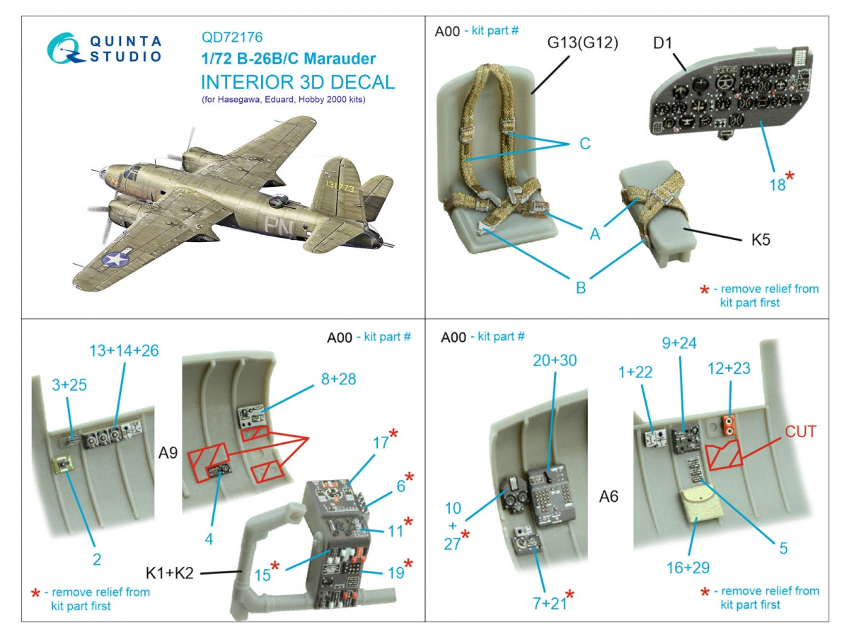 Intérieur imprimé en 3D et coloré sur papier décalcomanie Quinta Studio QD72176 B-26B Marauder (Hasegawa/Eduard/Hobby2000) 1/72 – Bild 3