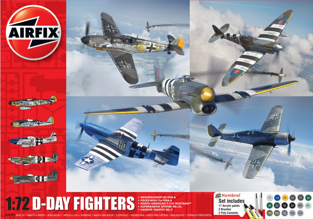 Coffret Airfix 50192 Chasseurs du Jour J (Supermarine Spitfire Mk.IXc, North American P-51D Mustang, Messerschmitt Bf109G-6, Hawker Tempest Mk.V, Focke-Wulf Fw190A-8) 1/72