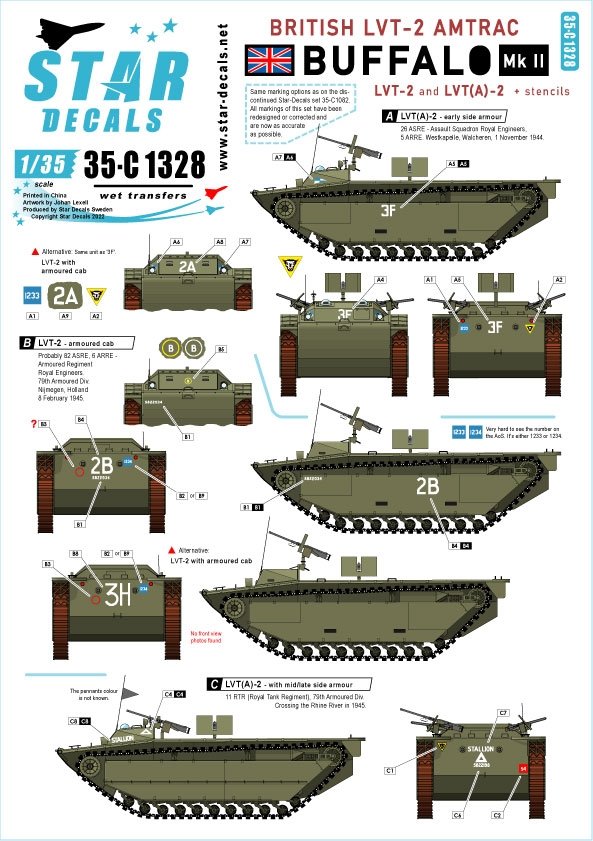 Décalcomanies étoiles 35-C1328 britannique LVT-2 Buffalo Mk II. LVT-2 et LVT(A)-2. Débarquement de Walcheren, Nimègue et traversée du Rhin. 1/35