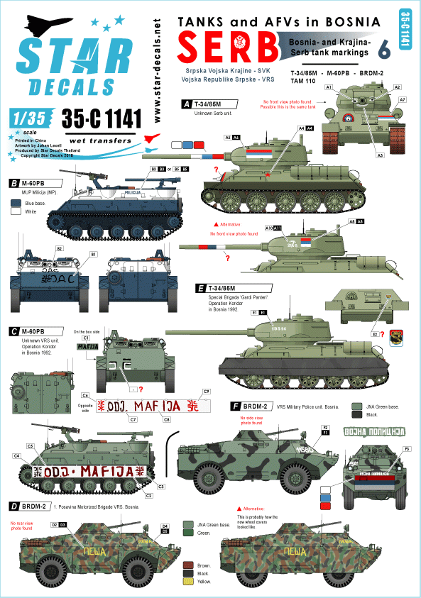 Star Decals 35-C1141 Serbes (SVK et VRS) T-34/85M, M60 PB, BRDM-2 et camion TAM 110 1/35