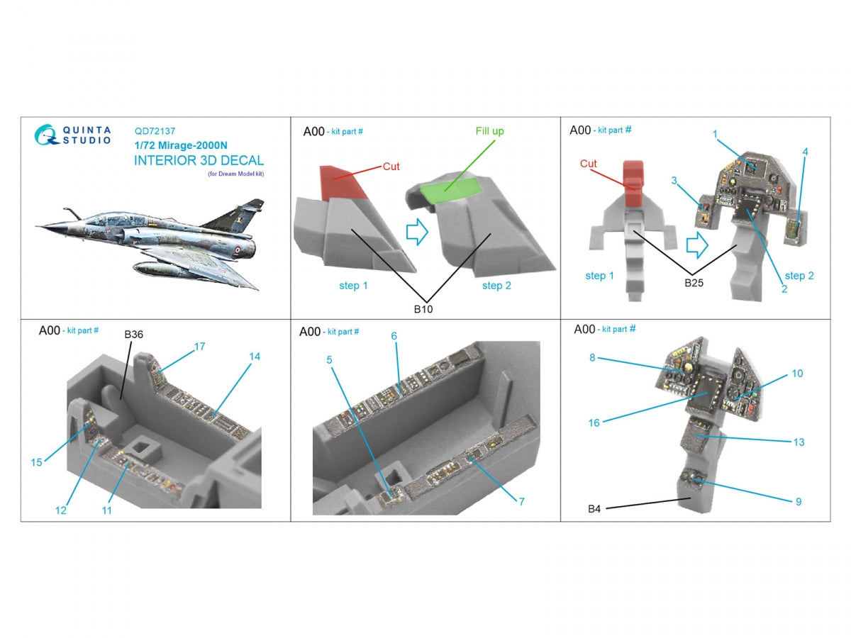 Intérieur coloré imprimé en 3D sur papier décalcomanie pour le Mirage 2000N (modèle Dream Model) de Quinta Studio QD72137, échelle 1/72 – image 2