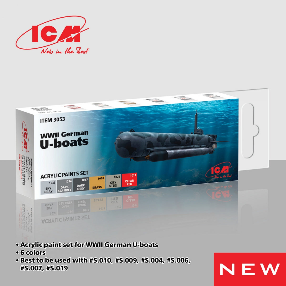 Coffret de peintures acryliques ICM 3053 pour sous-marins allemands de la Seconde Guerre mondiale, 12 ml x 6