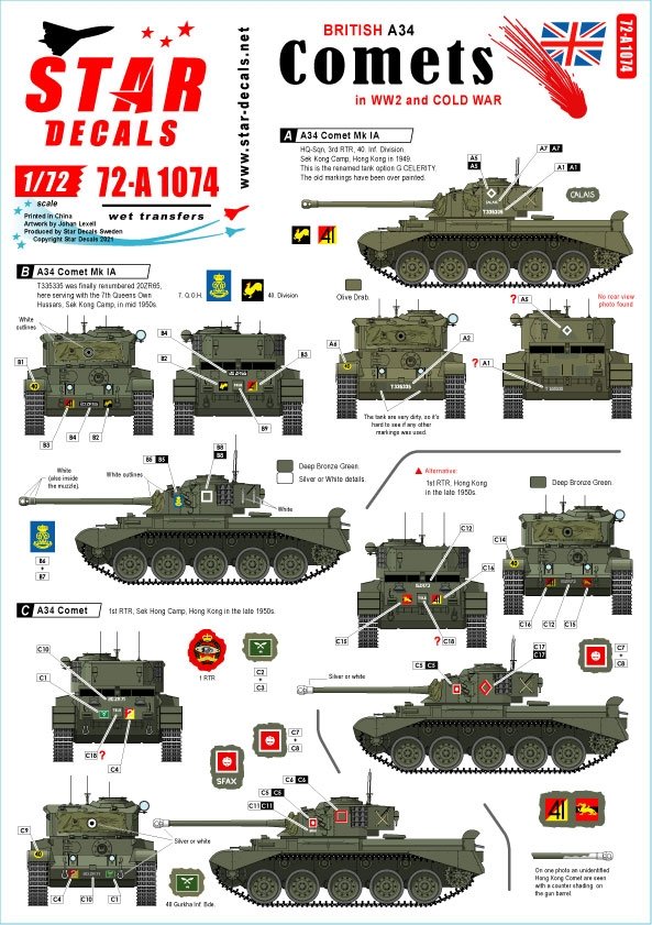 Star Decals 72-A1074 Comet. A34 Comet britannique en service pendant la Seconde Guerre mondiale et la Guerre froide. Échelle 1/72.