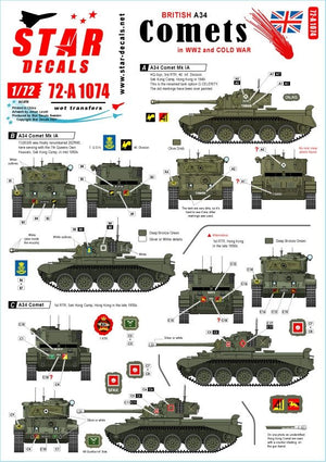 Star Decals 72-A1074 Comet. A34 Comet britannique en service pendant la Seconde Guerre mondiale et la Guerre froide. Échelle 1/72.