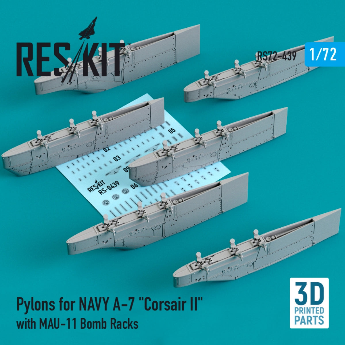 Pylônes RESKIT RS72-0439 pour A-7 « Corsair II » de l'aéronavale avec supports de bombes MAU-11 (impression 3D) 1/72