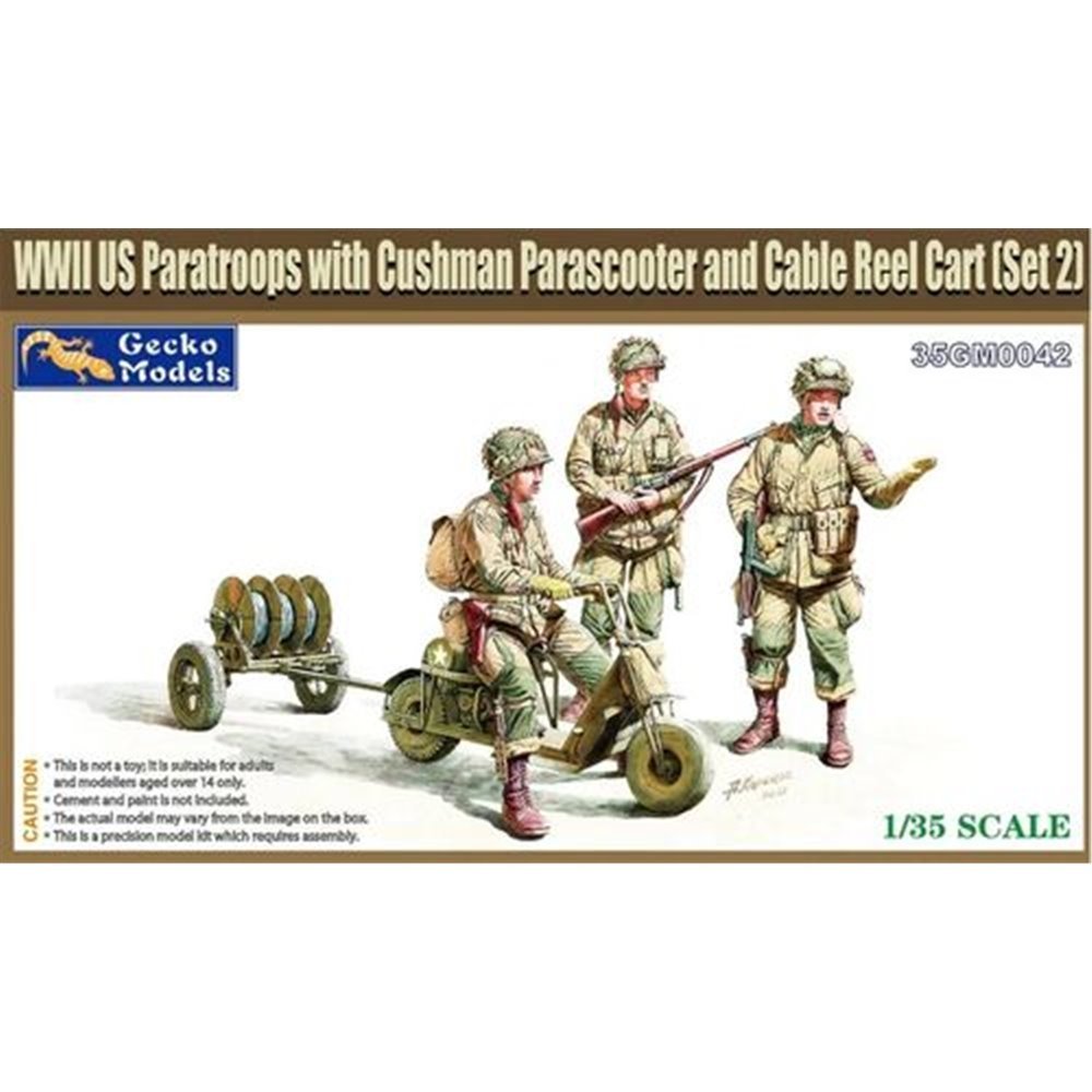 Gecko Models 35GM0042 PARACHUTISTES AMÉRICAINS DE LA SECONDE GUERRE MONDIALE AVEC PARASOL CUSHMAN ET CHARIOT À TANNEAU - ENSEMBLE 2 1/35