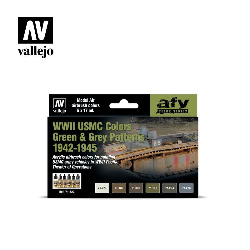Vallejo 71623 Couleurs USMC Seconde Guerre mondiale, motifs verts et gris, 1942-1945, 6 x 17 ml