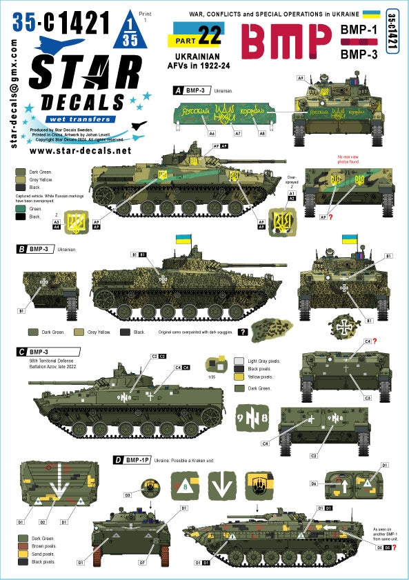 Star Decals 35-C1421 Guerre en Ukraine 22 BMP-1 et BMP-3 ukrainiens en 2022-24 1/35