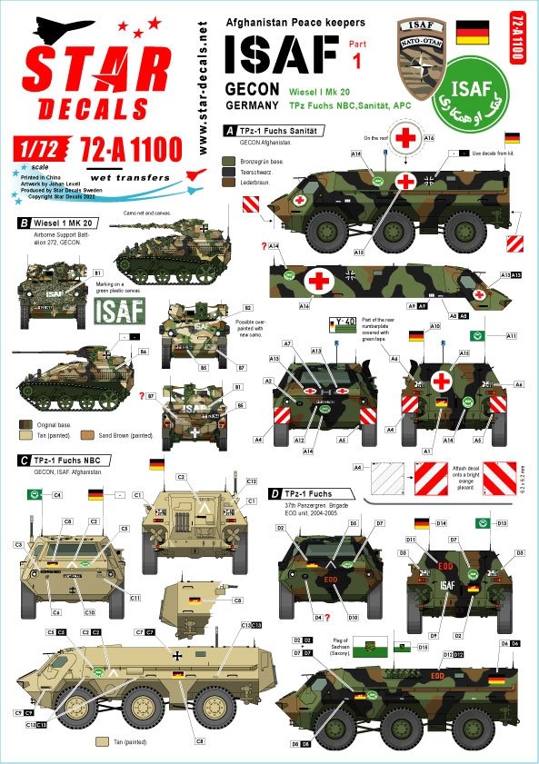 Star Decals 72-A1100 ISAF-Afghanistan n° 1. GECON - Casques bleus allemands. Wiesel I MK 20, VCI Fuchs, véhicule NBC Fuchs, véhicule sanitaire Fuchs. Échelle 1/72.