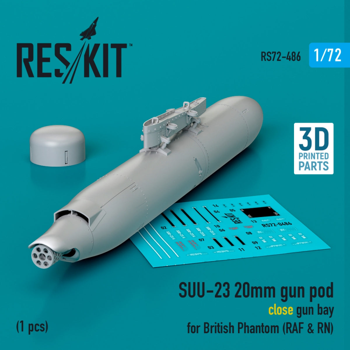 RESKIT RS72-0486 SUU-23 Nacelle de canon de 20 mm (baie de canon fermée) pour Phantom britannique (RAF et RN) (1 pièce) (Impression 3D) 1/72