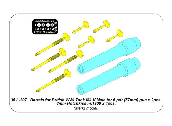 Canons Aber 35L-207 pour char britannique Mk.V de la Première Guerre mondiale, mâles, pour canon de 6 livres (57 mm) x 2 pièces. Munitions Hotchkiss m.1909 de 8 mm x 4 pièces. (1/35) – image 7
