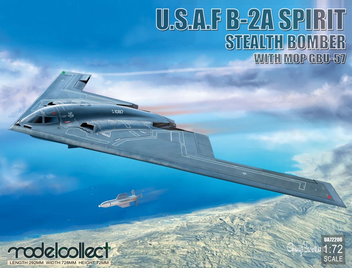 Maquette Modelcollect UA72206 Bombardier furtif B-2A Spirit de l'USAF avec bombe Mop GBU-57 1/72