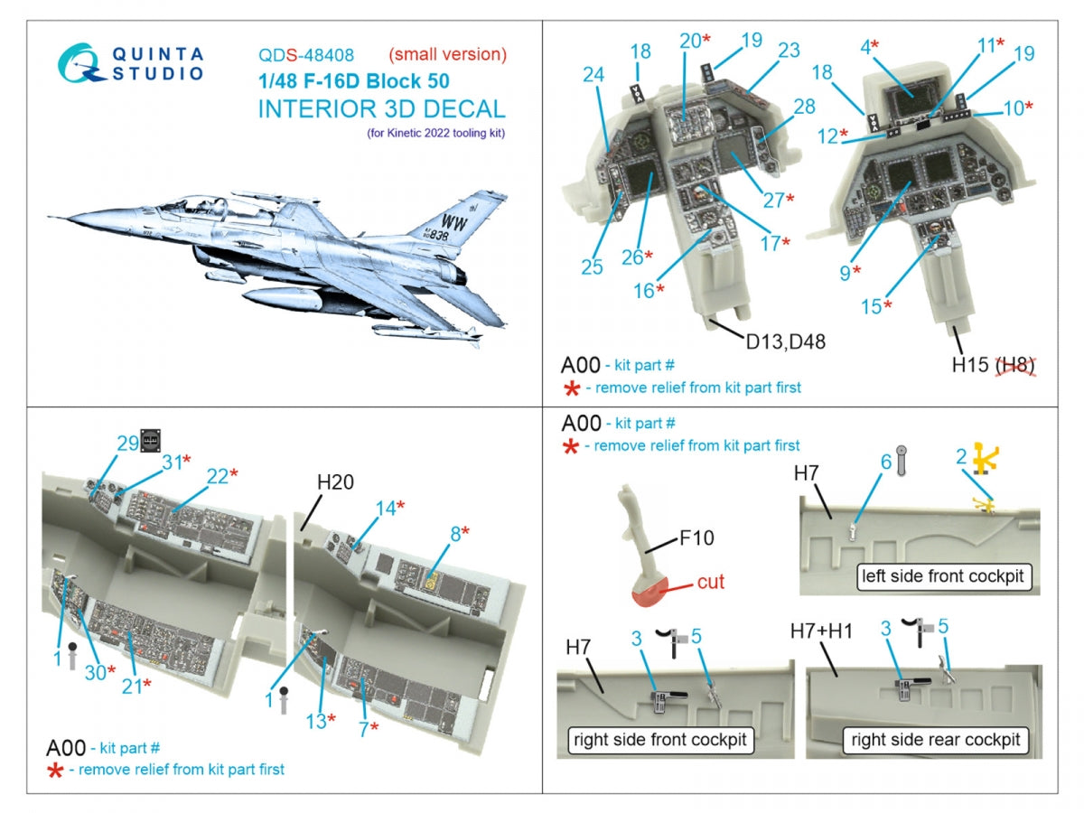 Intérieur imprimé en 3D et coloré sur papier décalcomanie (outil Kinetic 2022) pour le F-16D Block 50 de Quinta Studio QDS-48408 (petit modèle) à l&amp;#39;échelle 1/48 – immagine 2