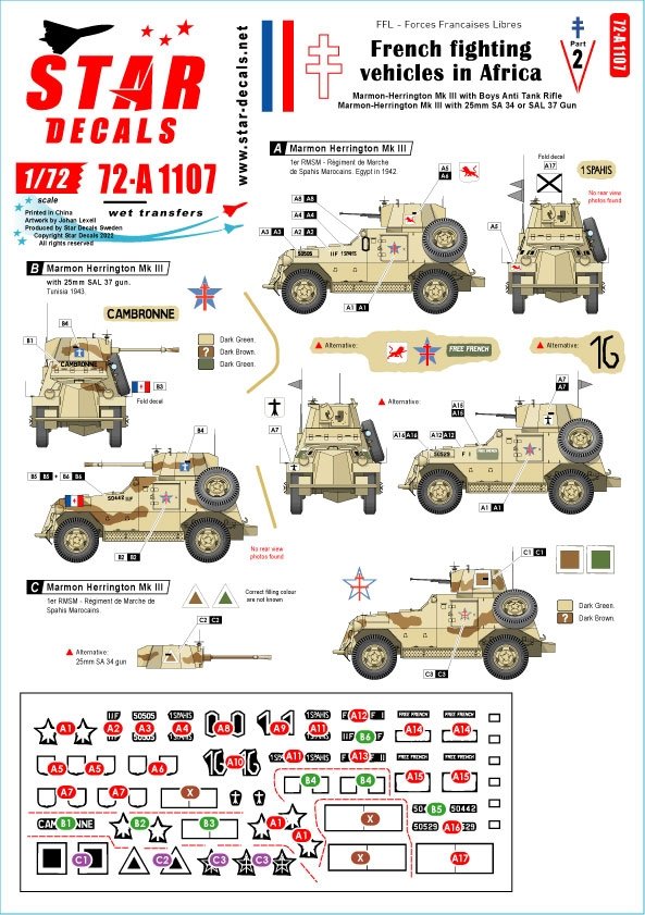 Star Decals 72-A1107 Véhicules de combat français en Afrique n° 2 FFL - Forces Françaises Libres 1/72