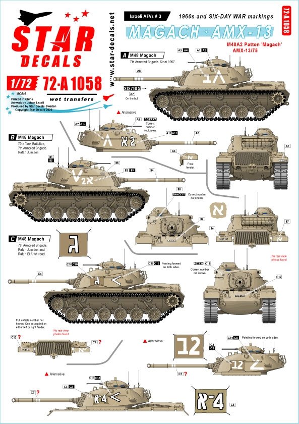 Star Decals 72-A1058 Véhicules blindés israéliens n° 3. M48A2 Patton « Magach » et AMX-13/751 1/72