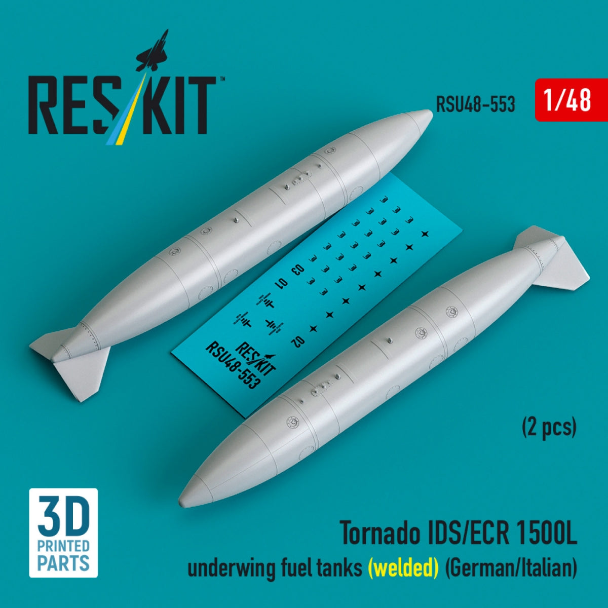 RESKIT RSU48-0553 Tornado IDS/ECR 1500L underwing fuel tanks (welded) (German AF / Italian AF) (2 pcs) (3D Printed) 1/48