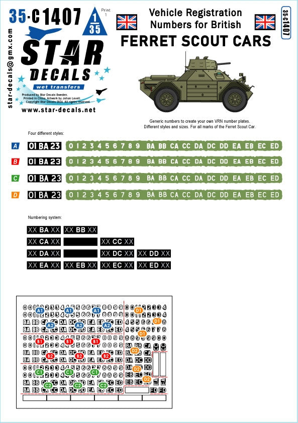 Star Decals 35-C1407 Plaques d'immatriculation pour véhicules de reconnaissance Ferret britanniques. Quatre styles de chiffres/lettres différents à l'échelle 1/35.