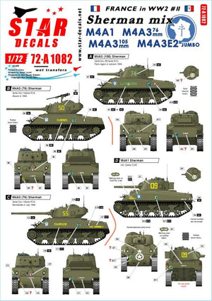 Star Decals 72-A1082 Mélange de chars Sherman français. M4A1, M4A3 105 mm, M4A3 76 mm et M4A3E2 Jumbo 1/72