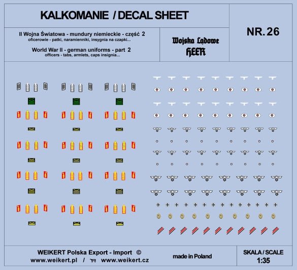 Weikert Decals DEC226 Uniformes allemands - onglets, épaulettes, insignes de casquette - HEER - ver.2 - vol.26 1/35
