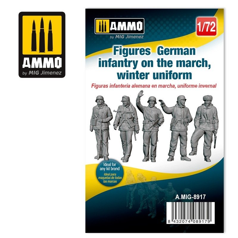 Munitions de Mig 8917. Figurines d'infanterie allemande en marche, uniforme d'hiver, échelle 1/72.
