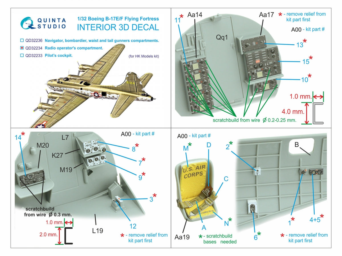 Quinta Studio QD32234 - Compartiment de l&amp;#39;opérateur radio pour Boeing B-17E/F. Intérieur coloré imprimé en 3D sur papier décalcomanie (HK models) à l&amp;#39;échelle 1/32. – Bild 2
