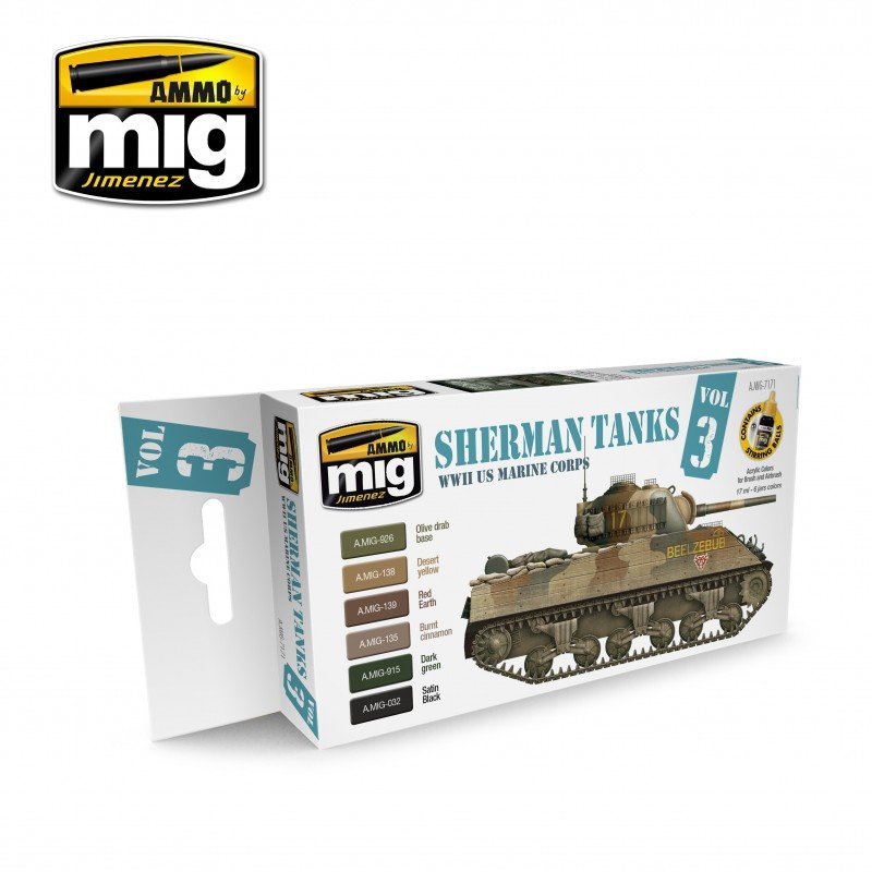Munitions pour chars Sherman Mig Jimenez 7171, volume 3 (Corps des Marines des États-Unis, Seconde Guerre mondiale), 6 cartouches de 17 ml.