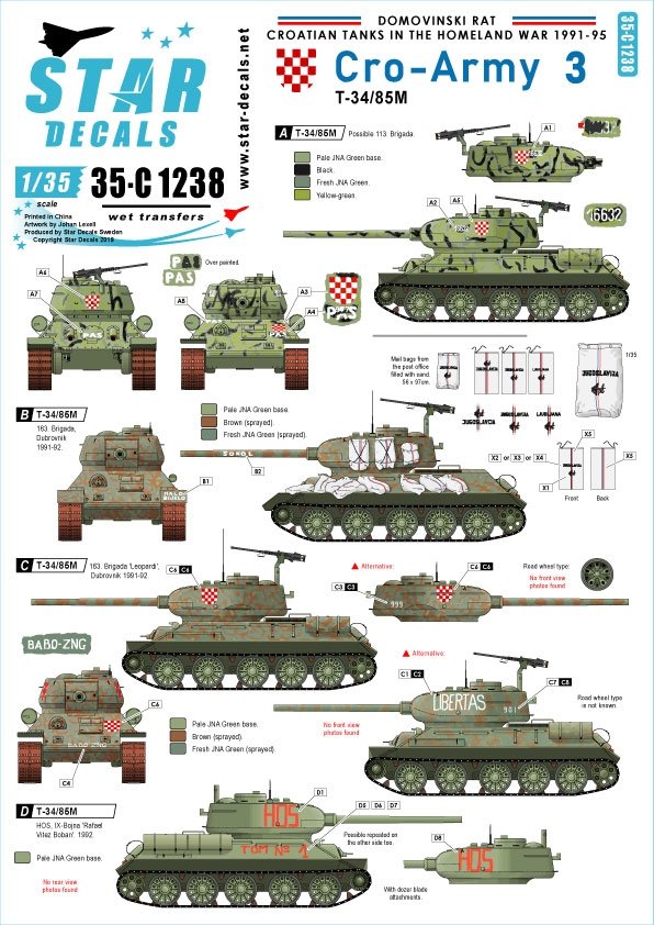 Décalcomanies étoiles 35-C1238 Rat Domovinski / Guerre intérieure 1991-95. T-34/85M 1/35