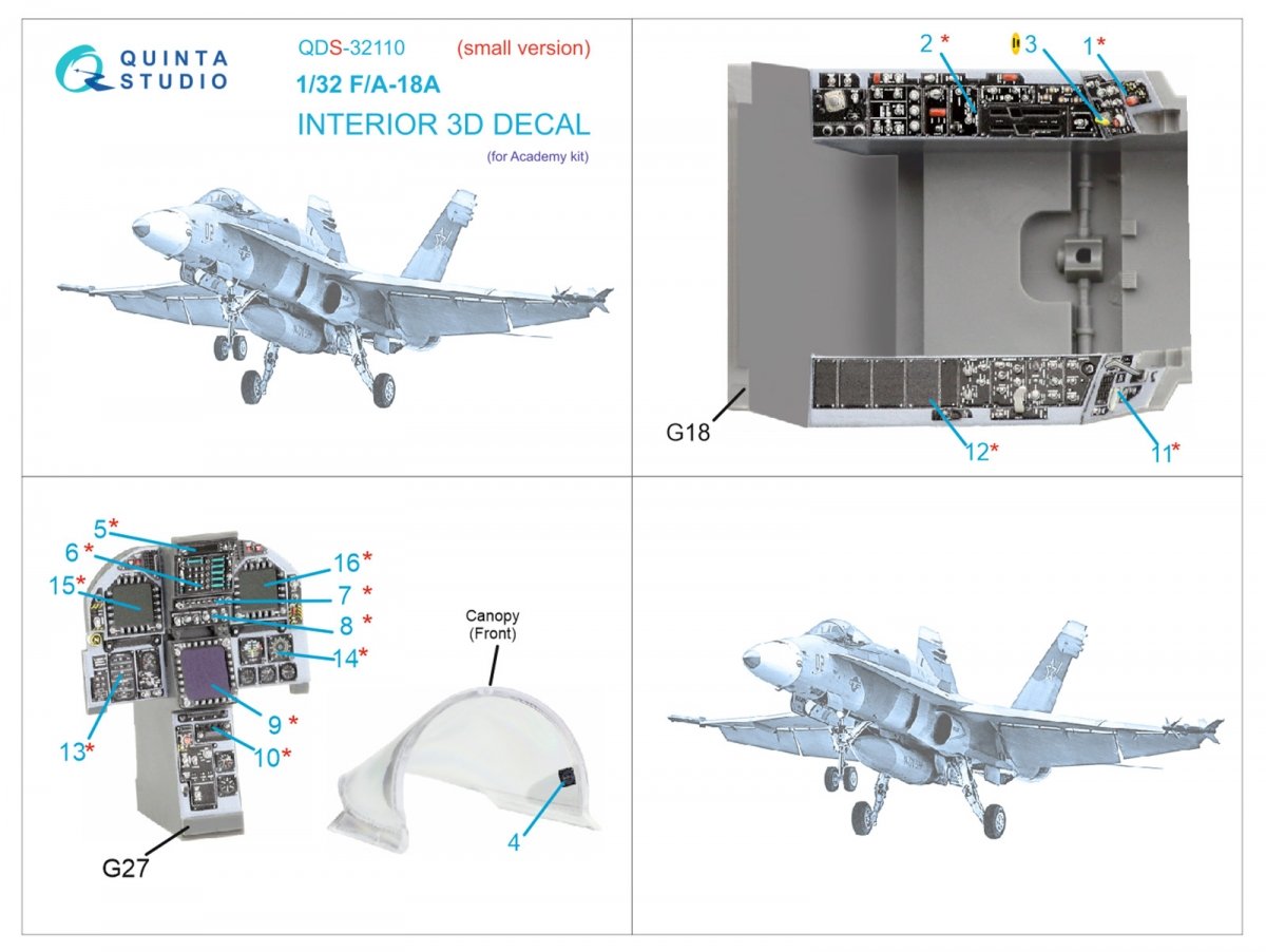 Intérieur imprimé en 3D et coloré sur papier décalcomanie Quinta Studio QDS-32110 F/A-18A (Academy) (Petite version) 1/32 – image 6