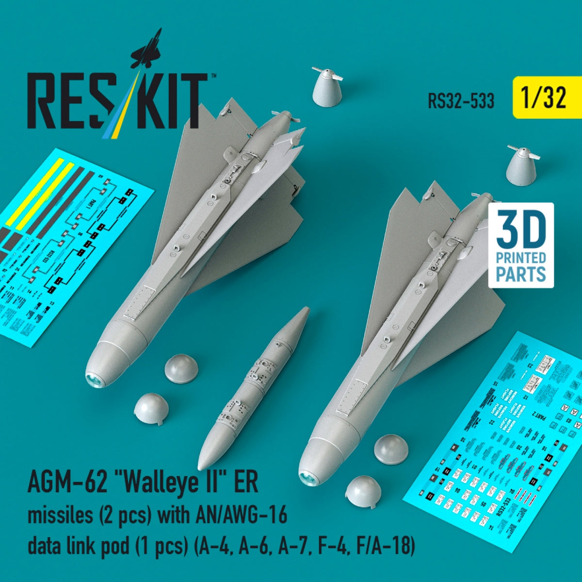 RESKIT RS32-0533 AGM-62 "Walleye II" ER missiles (2 pcs) with AN/AWG-16 data link pod (1 pcs) (A-4, A-6, A-7, F-4, F/A-18) (3D Printed) 1/32