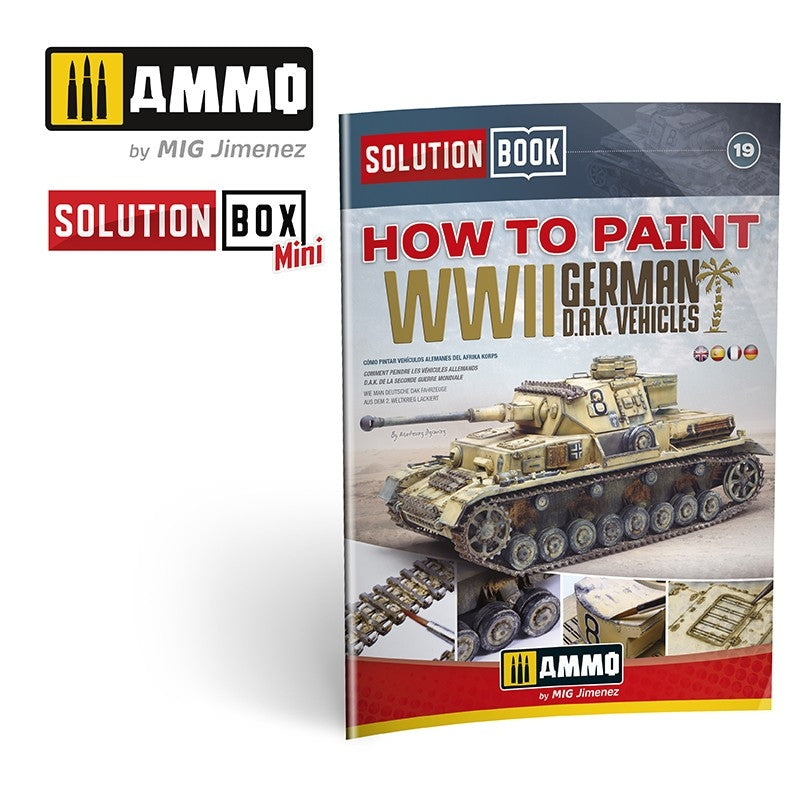 AMMO of Mig Jimenez 6602 SOLUTION BOOK 19 - Comment peindre les véhicules allemands DAK de la Seconde Guerre mondiale (anglais, espagnol, français, allemand)