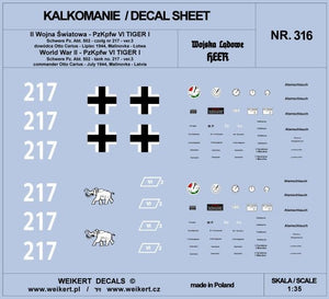 Weikert Decals DEC316 TIGER I - Otto Carius - czołg 217 - Schwere Pz. Abt. 502 , Malinovka - Łotwa, lipiec 1944 - ver.3 1/35