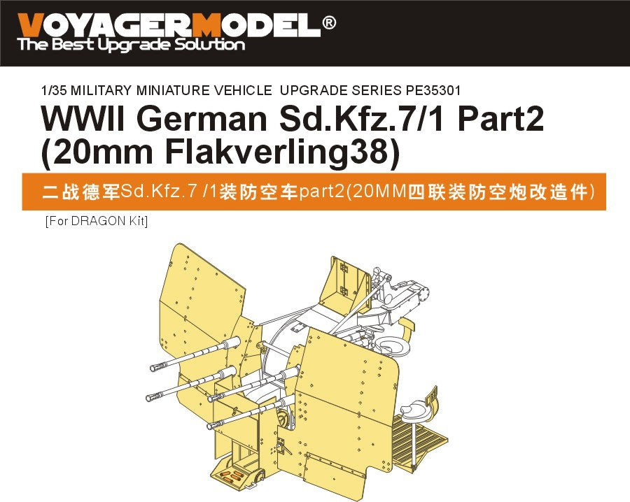 Maquette Voyager PE35301 Sd.Kfz.7/1 allemand de la Seconde Guerre mondiale, partie 2 (Flakverling38 de 20 mm), pour kit DRAGON au 1/35