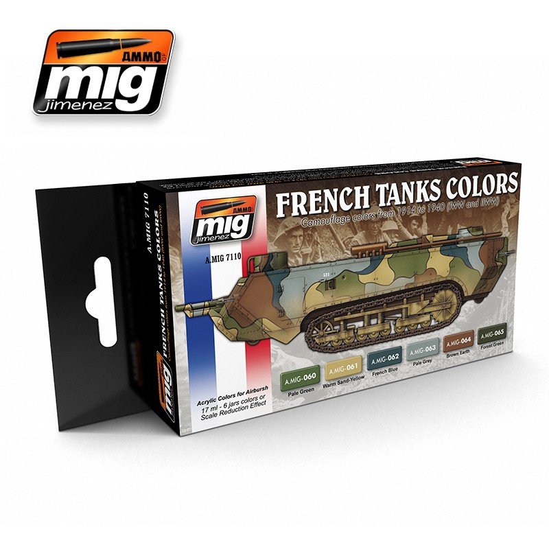 Munitions Mig 7110, couleurs de camouflage françaises de la Première et de la Seconde Guerre mondiale, 6 x 17 ml