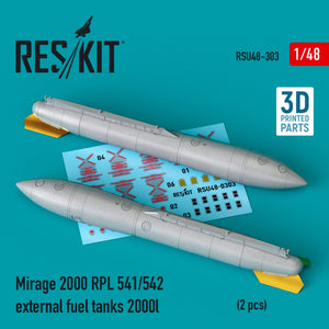 RESKIT RSU48-0303 MIRAGE 2000 RPL 541/542 RÉSERVOIRS DE CARBURANT EXTERNES 2000 L (2 PIÈCES) (IMPRIMÉS EN 3D) 1/48