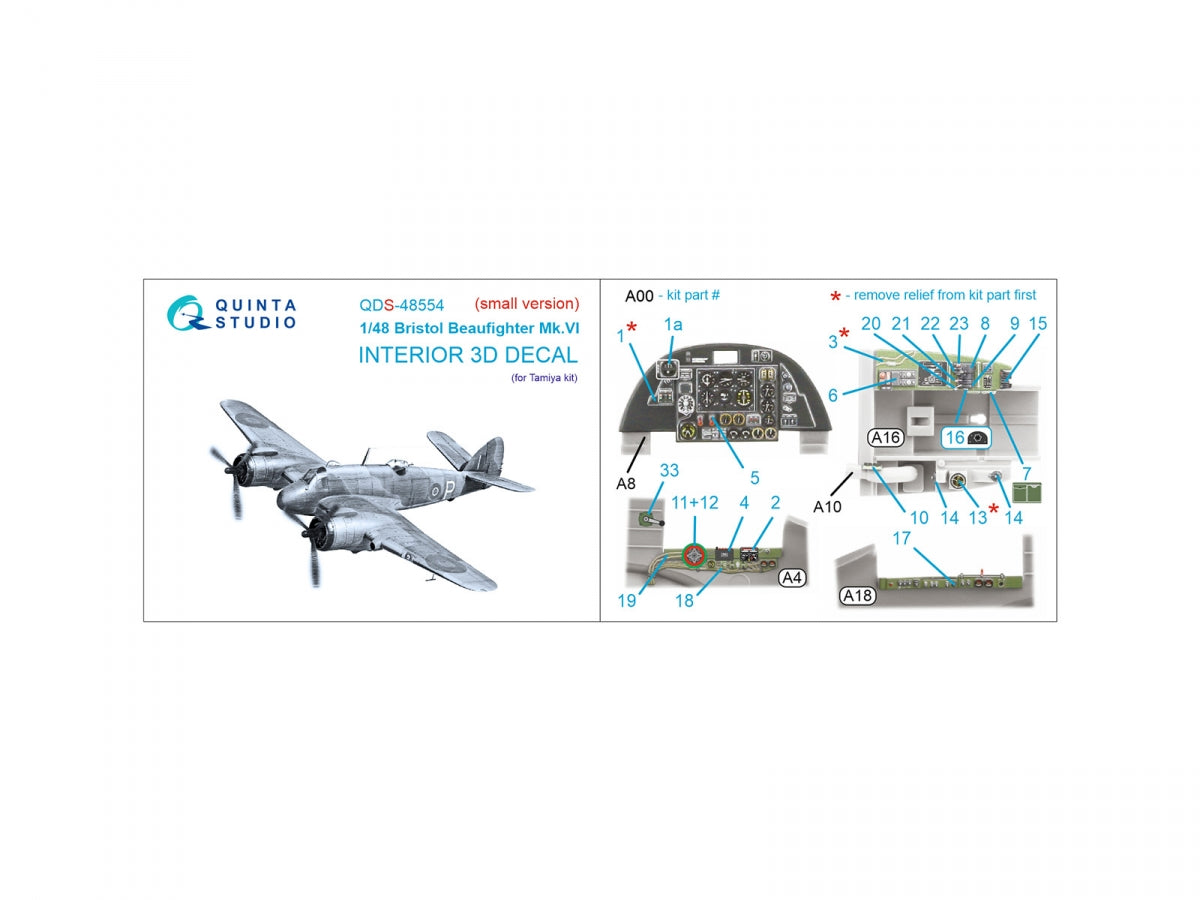 Intérieur imprimé en 3D et coloré sur papier décalcomanie Quinta Studio QDS-48554 Bristol Beaufighter Mk.VI (Tamiya) (petite version) 1/48 – Bild 2