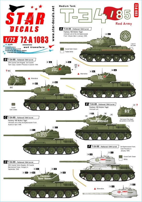 Star Decals 72-A1083 Chars soviétiques T-34-85 1944-45. Tourelle aplatie de 1944 et tourelle de l&amp;#39;usine 183 de Nijni Taguil. Échelle 1/72