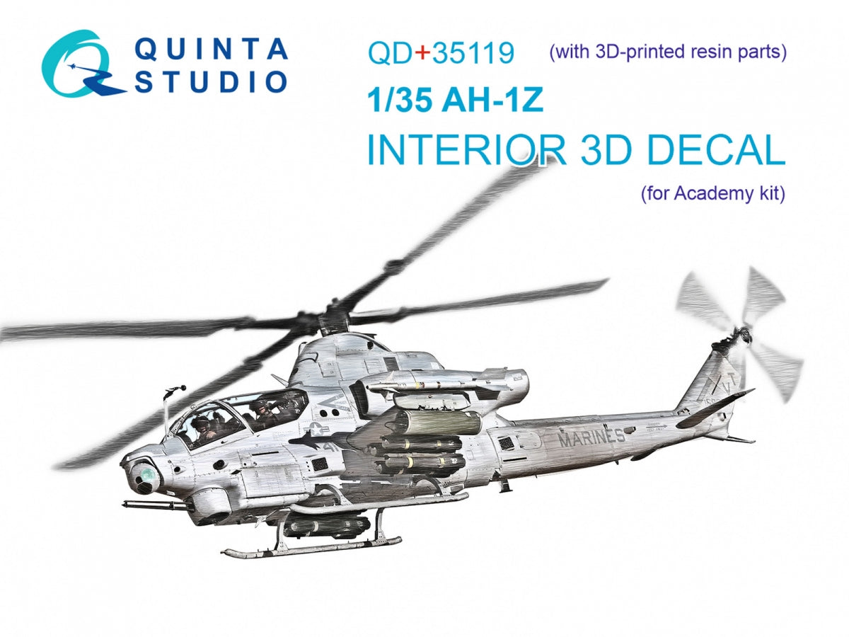 Intérieur coloré imprimé en 3D sur papier décalcomanie (Academy) pour Quinta Studio QD+35119 AH-1Z (avec pièces en résine imprimées en 3D) à l'échelle 1/35