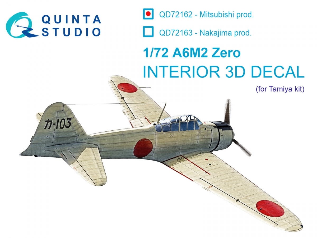 Intérieur coloré imprimé en 3D sur papier décalcomanie (Tamiya) pour A6M2 Zero (Mitsubishi Prod.) de Quinta Studio QD72162, échelle 1/72